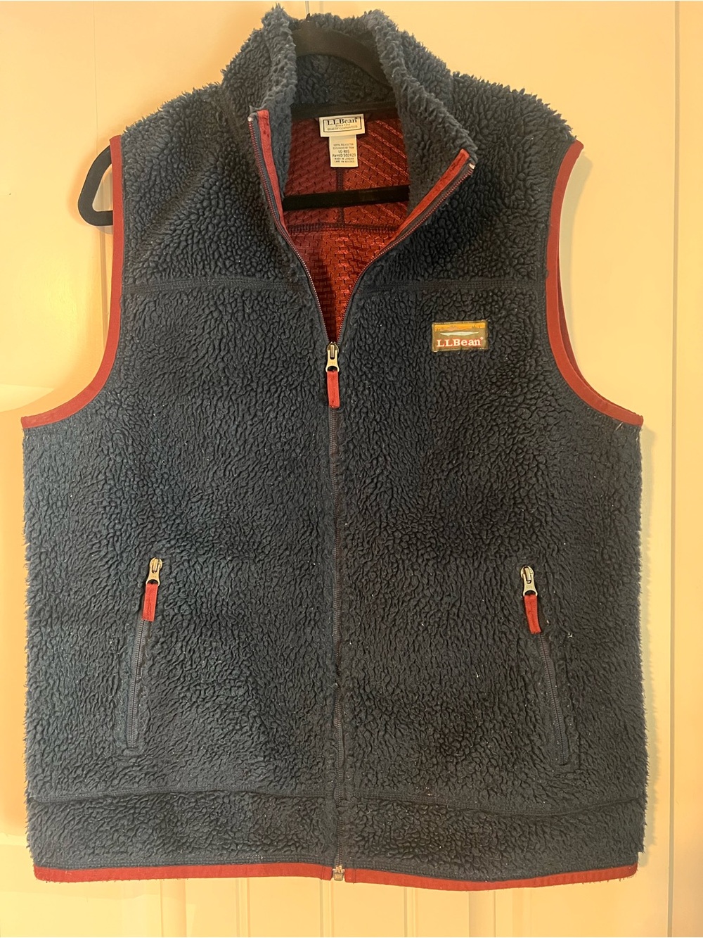 L.L. Bean Navy Sherpa Fleece Vest with Red Trim
